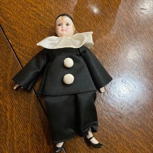 Vintage Harlequin Jester Doll Figurine Porcelain head;Joker Clown Black & White
